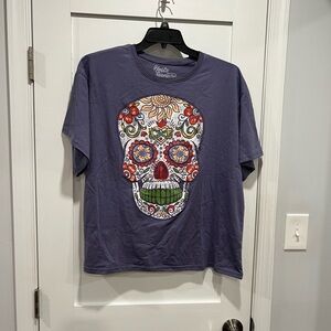 Purple Graphic Tee with Skull Design